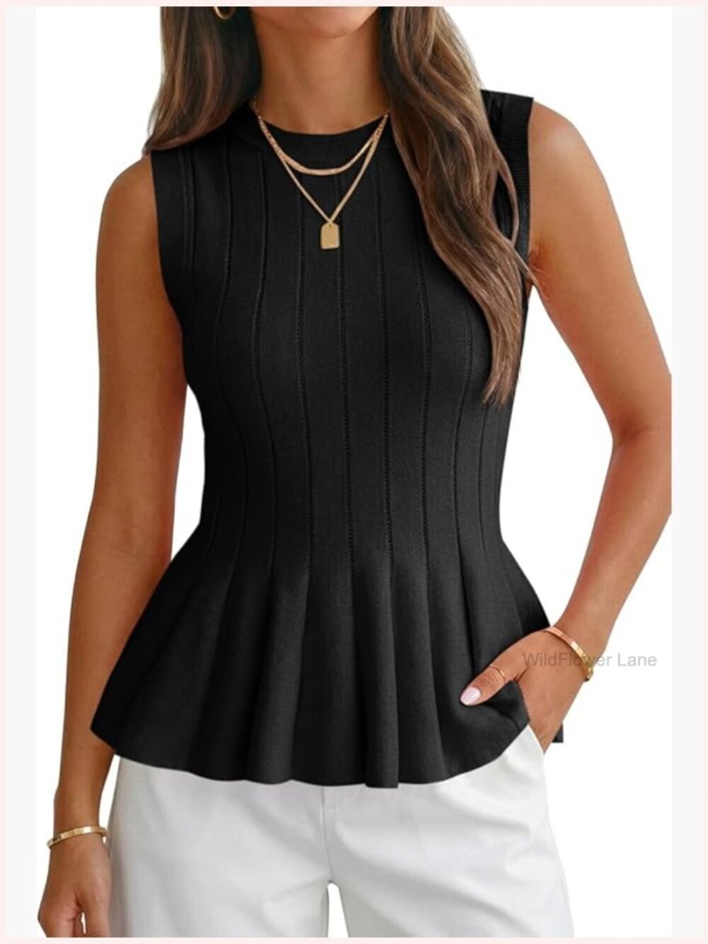 Pleated Peplum Tank Top Fitted Ribbed Knit Crew Neck Sleeveless Blouse